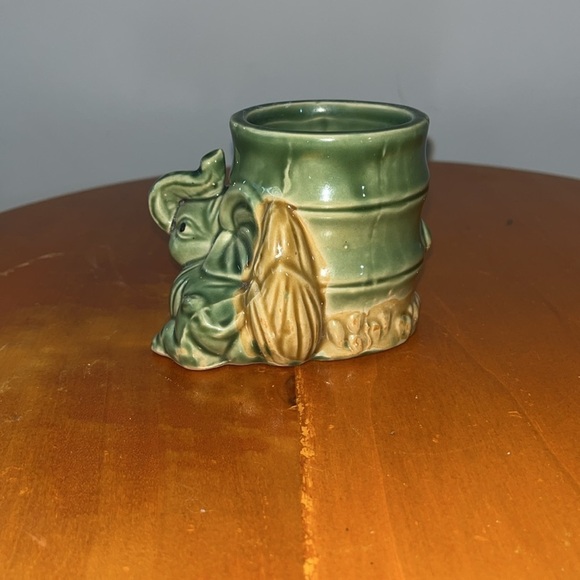 Elephant Planter Small Green Ceramic Trunk Up Big Ears Brown Accents 3 inch - Picture 4 of 6